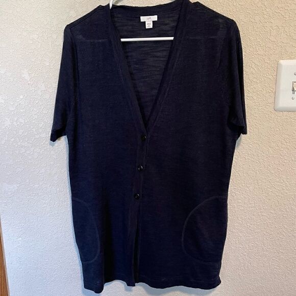 J. Jill- Navy Blue Linen Short Sleeve Button Down Cardigan Sweater, Sz S Petite - Picture 1 of 8